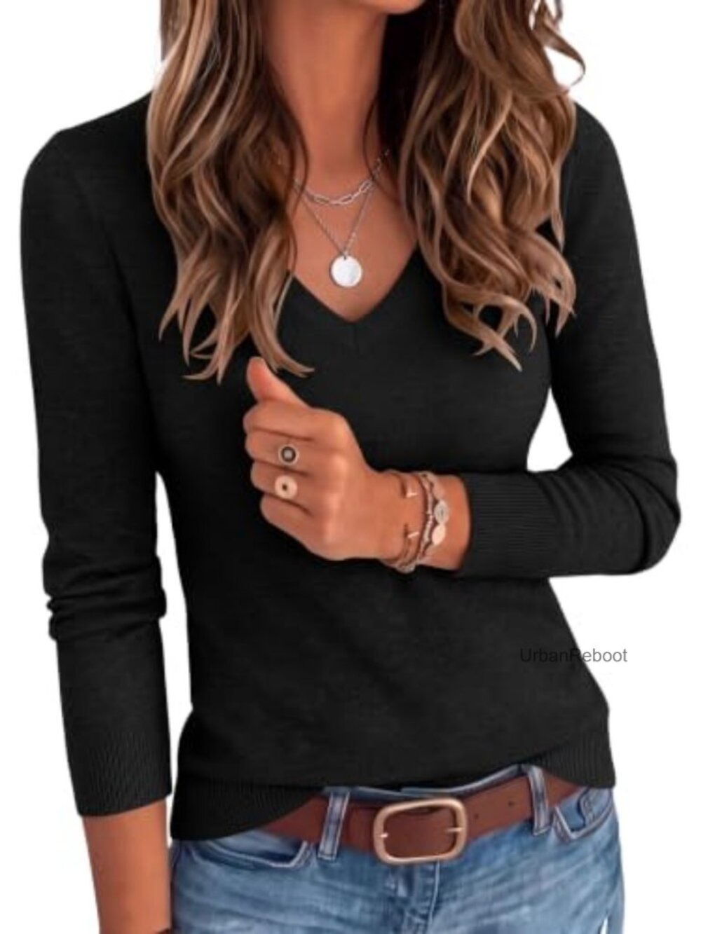 Wool Blend V Neck Long Sleeve Slim Fit Knit Pullover Sweater Top